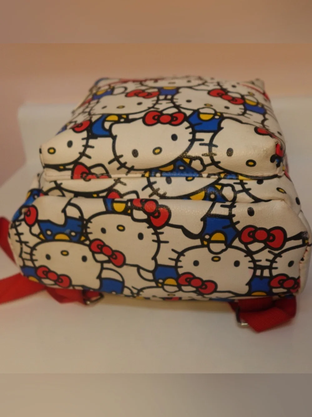 Hello Kitty White Backpack with Red Bows and Blue Outfits